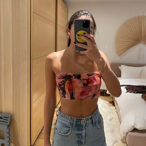 ASOS swim pink pattern bikini top with lace up back